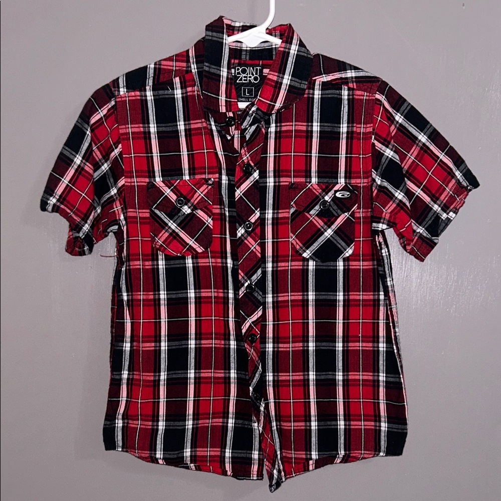 Point Zero Red and Black Plaid Short-Sleeve Button-Down S (boy)